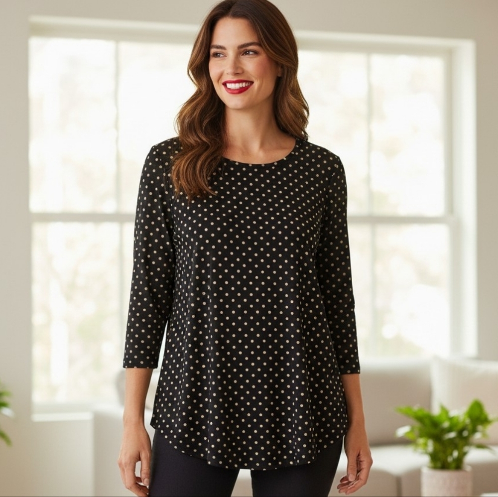 Chico's Black and Tan Polkadot Stretchy Pullover Top